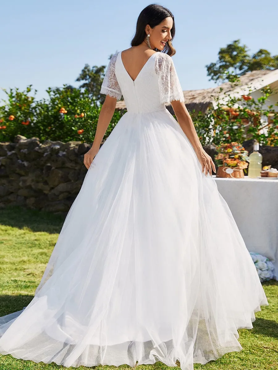 V-Neck Tulle Wedding Dresses with Lace Short Sleeves