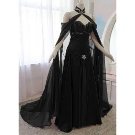 Vintage Medieval Evening Dress With Long Wrap Sweetheart Black A Line Renaissance Victorian Gothic Prom Party Gown For Women