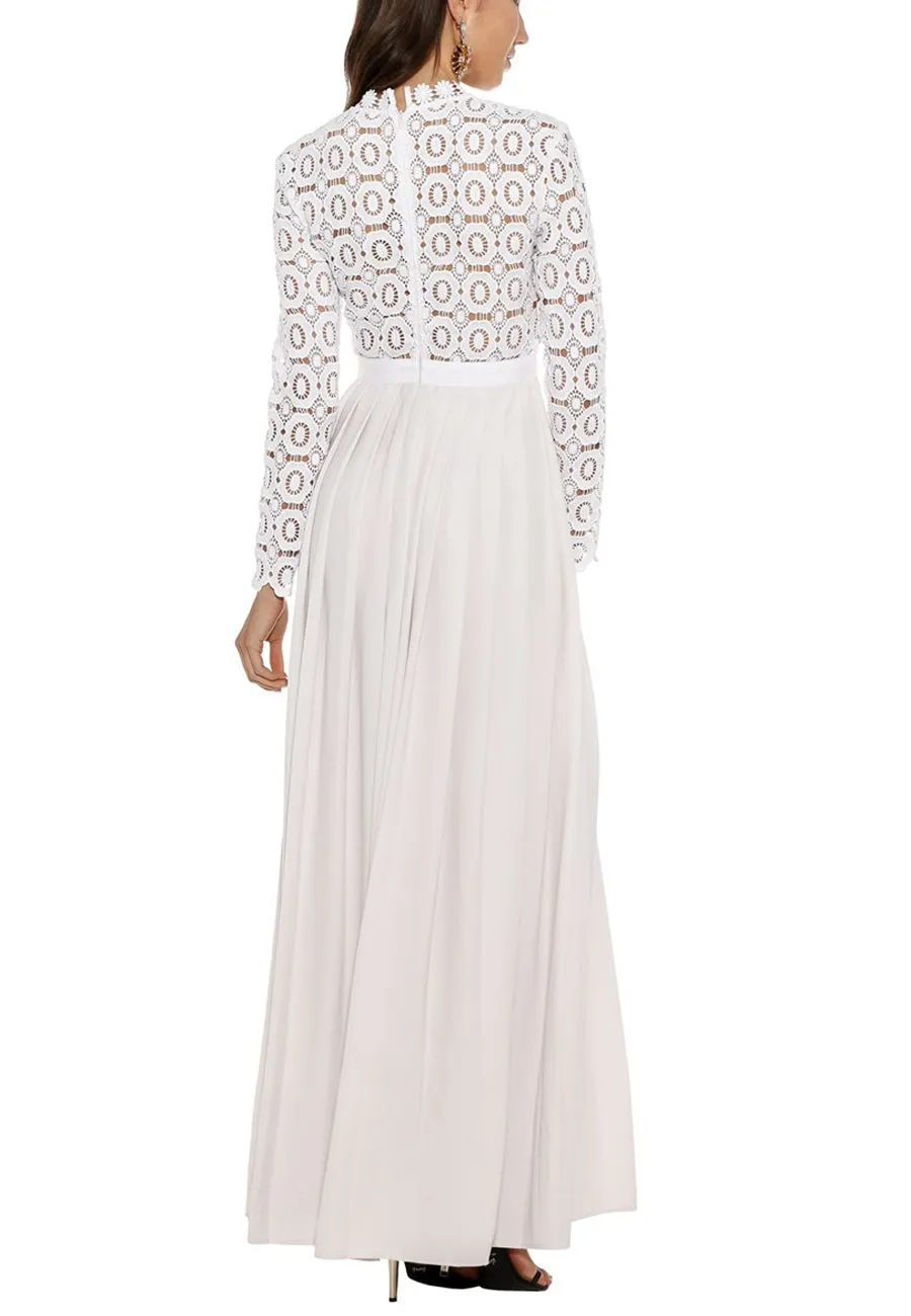 White Pleated Crochet Floral Maxi Dress