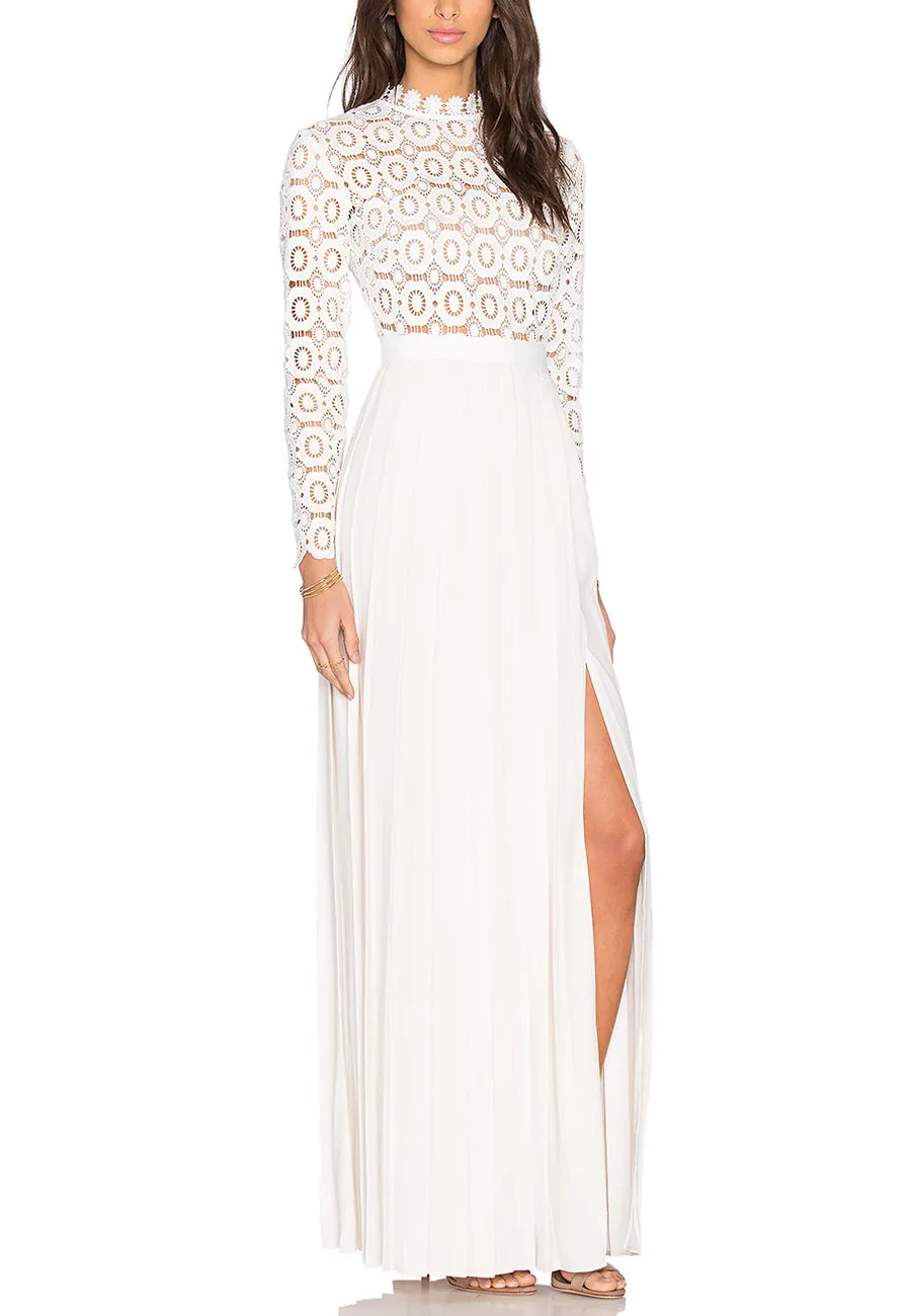 White Pleated Crochet Floral Maxi Dress