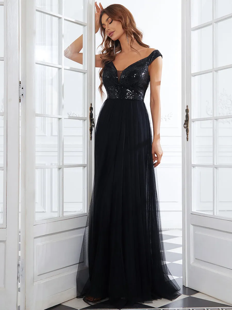 Wholesale High Waist Tulle & Sequin Sleeveless V Neck Evening Dress