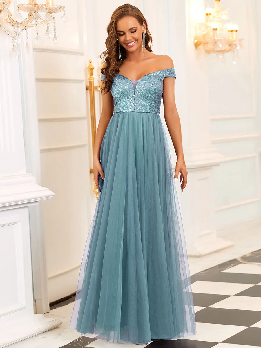 Wholesale High Waist Tulle & Sequin Sleeveless V Neck Evening Dress