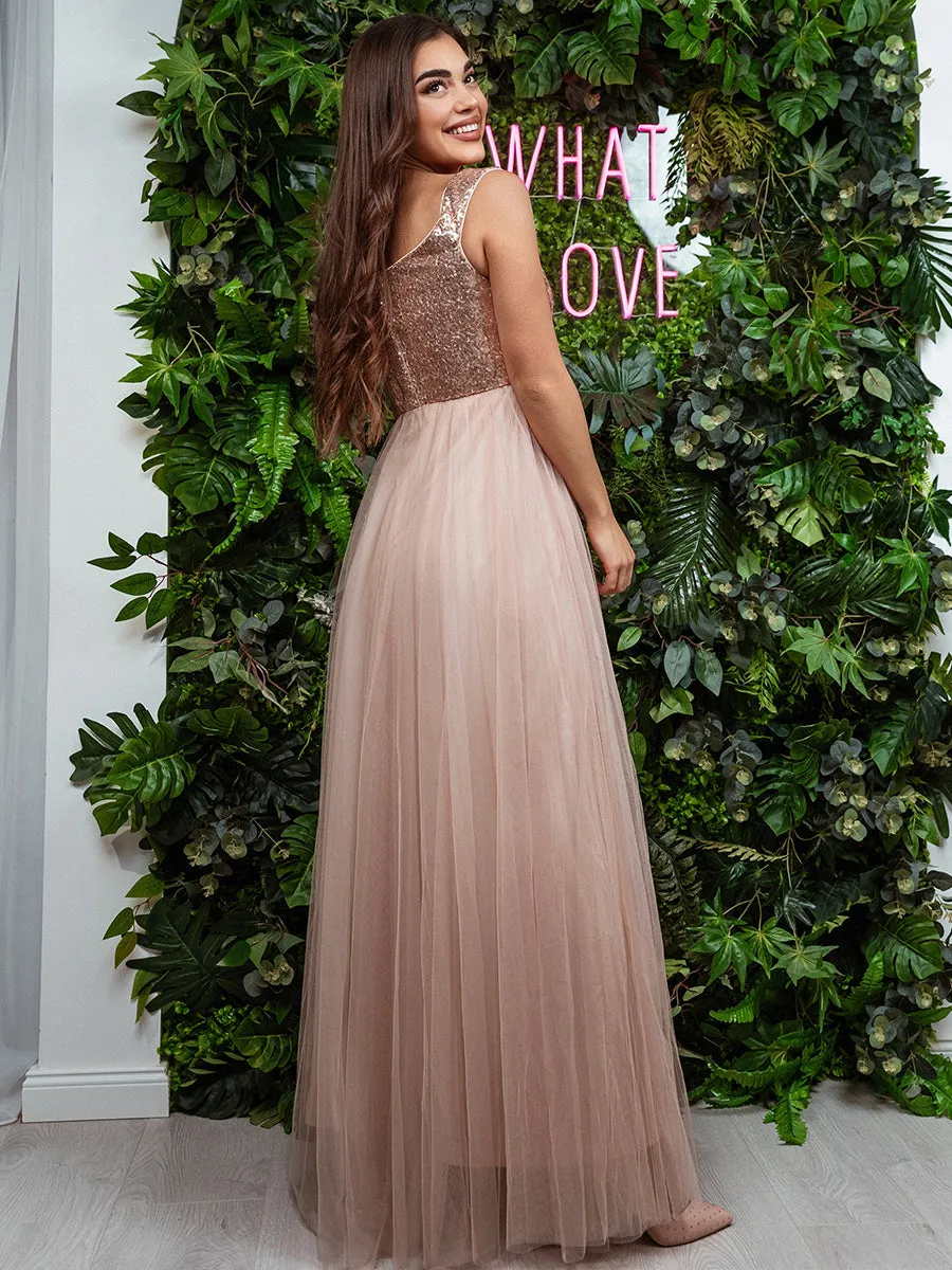 Wholesale High Waist Tulle & Sequin Sleeveless V Neck Evening Dress