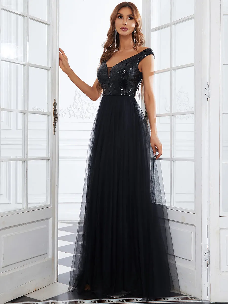 Wholesale High Waist Tulle & Sequin Sleeveless V Neck Evening Dress