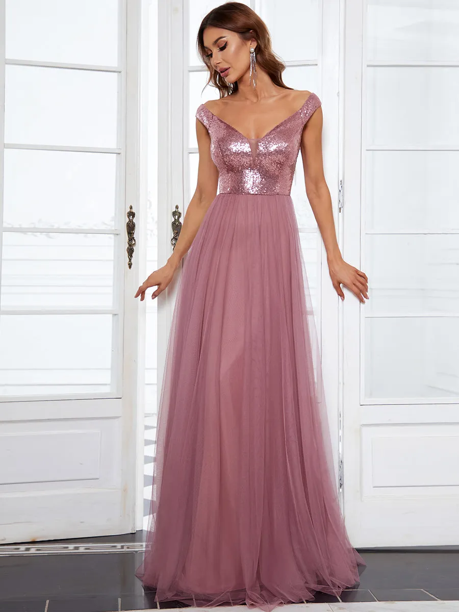 Wholesale High Waist Tulle & Sequin Sleeveless V Neck Evening Dress