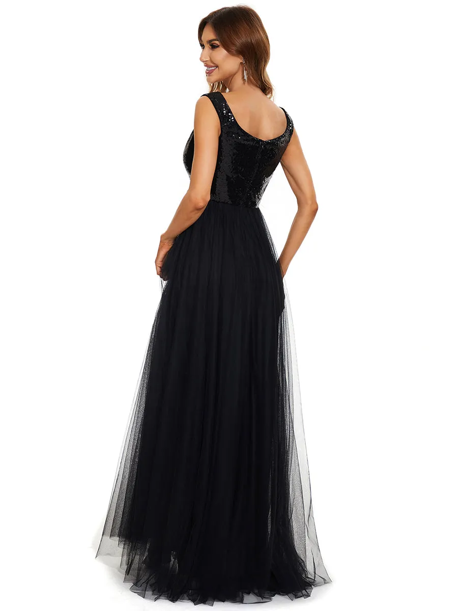 Wholesale High Waist Tulle & Sequin Sleeveless V Neck Evening Dress