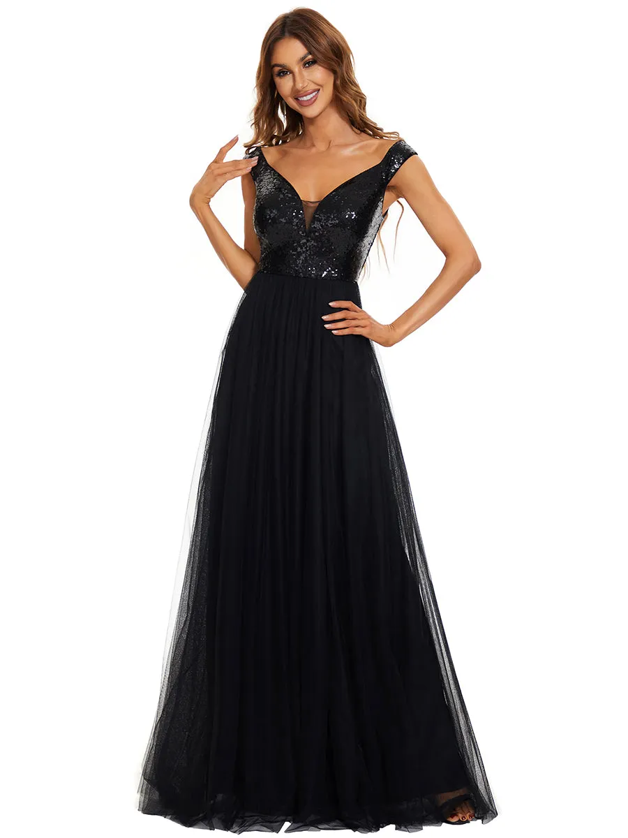 Wholesale High Waist Tulle & Sequin Sleeveless V Neck Evening Dress