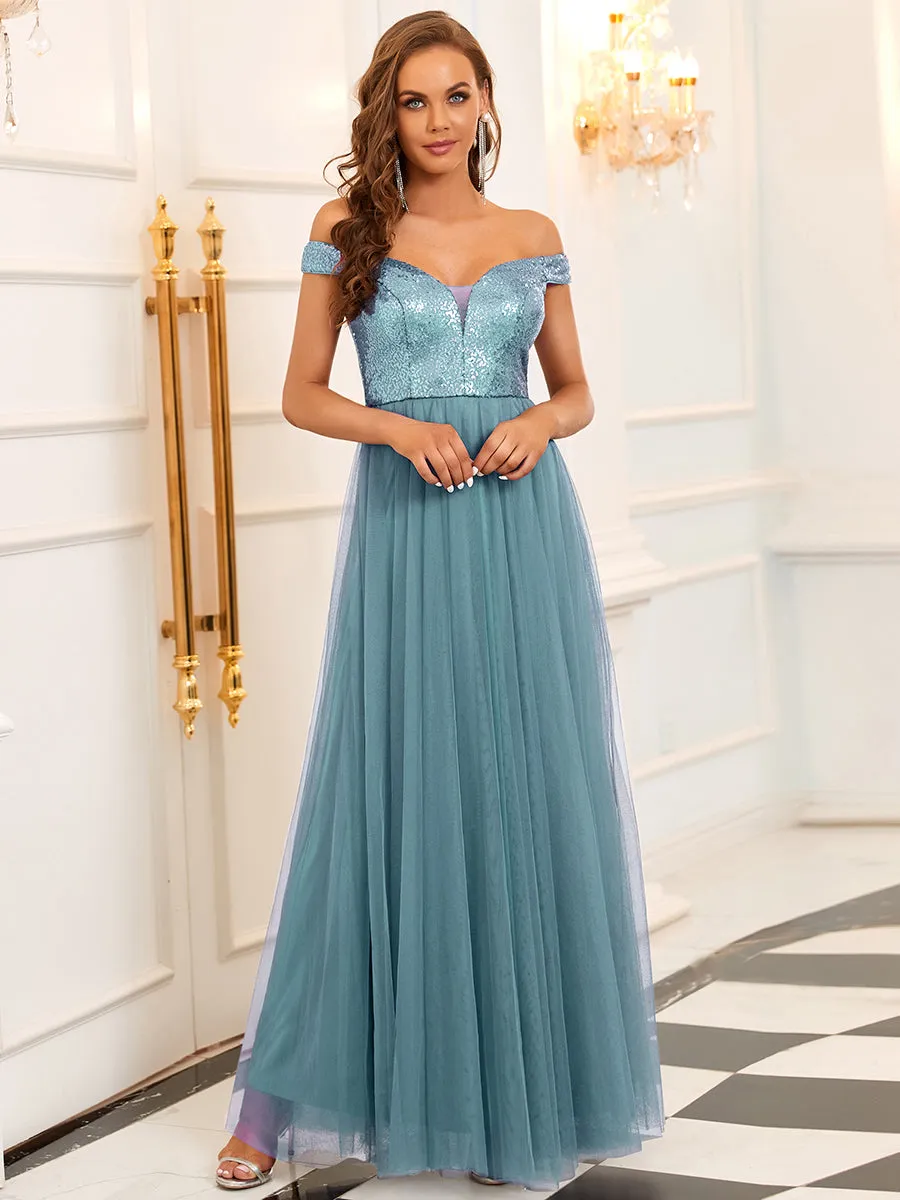 Wholesale High Waist Tulle & Sequin Sleeveless V Neck Evening Dress