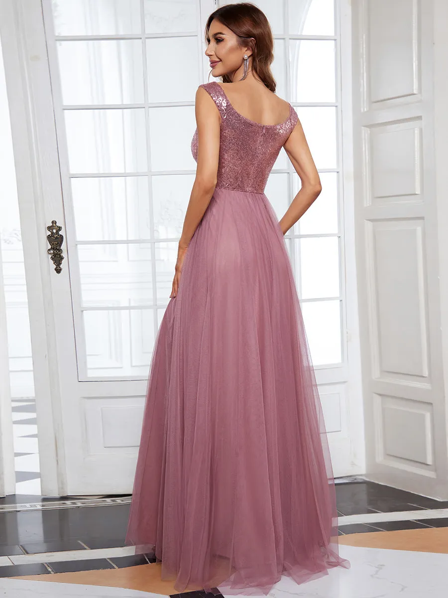 Wholesale High Waist Tulle & Sequin Sleeveless V Neck Evening Dress