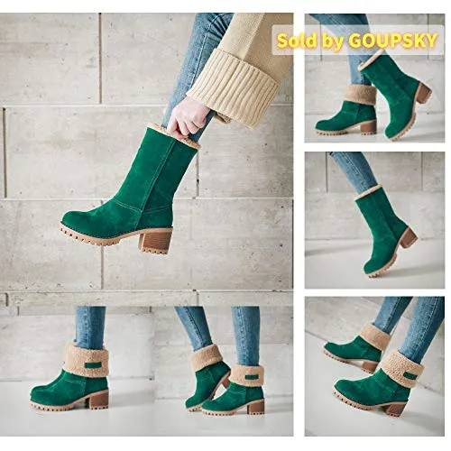 Women Mid Heel Faux Suede Fur Lined Winter Ankle Boots