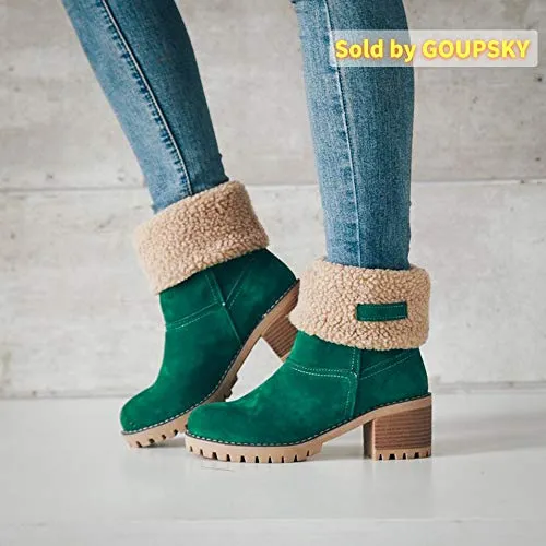 Women Mid Heel Faux Suede Fur Lined Winter Ankle Boots