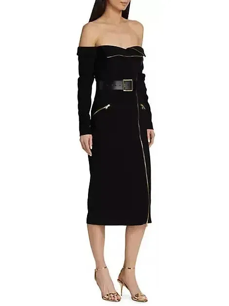 Women’s Belted Off-The-Shoulder Biker Midi-Dress