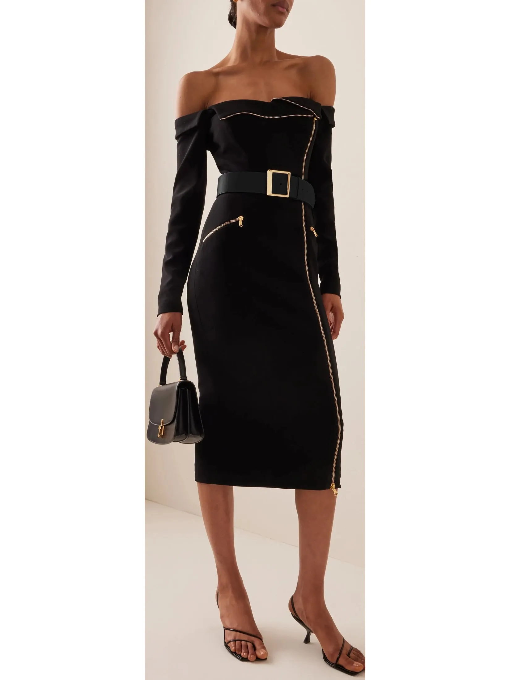 Women’s Belted Off-The-Shoulder Biker Midi-Dress