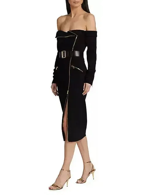 Women’s Belted Off-The-Shoulder Biker Midi-Dress