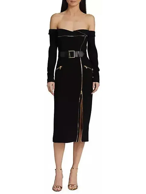 Women’s Belted Off-The-Shoulder Biker Midi-Dress