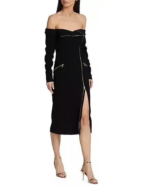 Women’s Belted Off-The-Shoulder Biker Midi-Dress