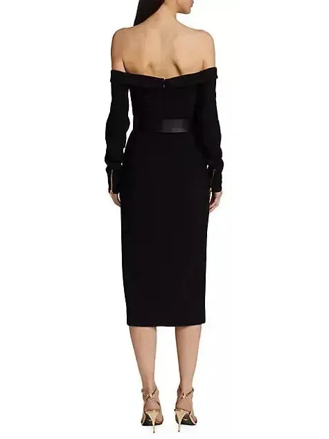 Women’s Belted Off-The-Shoulder Biker Midi-Dress