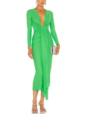 Women’s Bright Green Draped Low-Cut Fitted Midi Dress