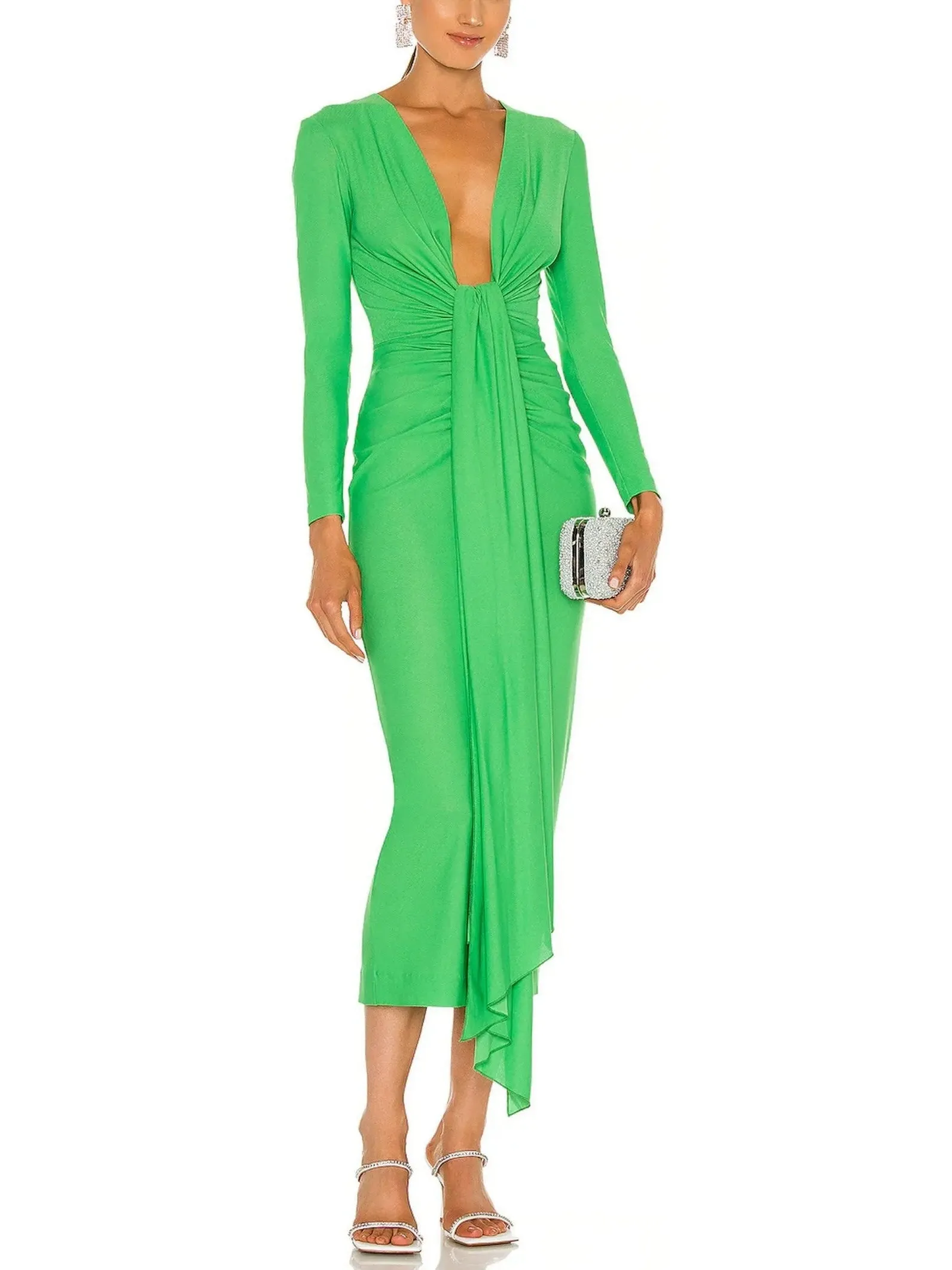 Women’s Bright Green Draped Low-Cut Fitted Midi Dress