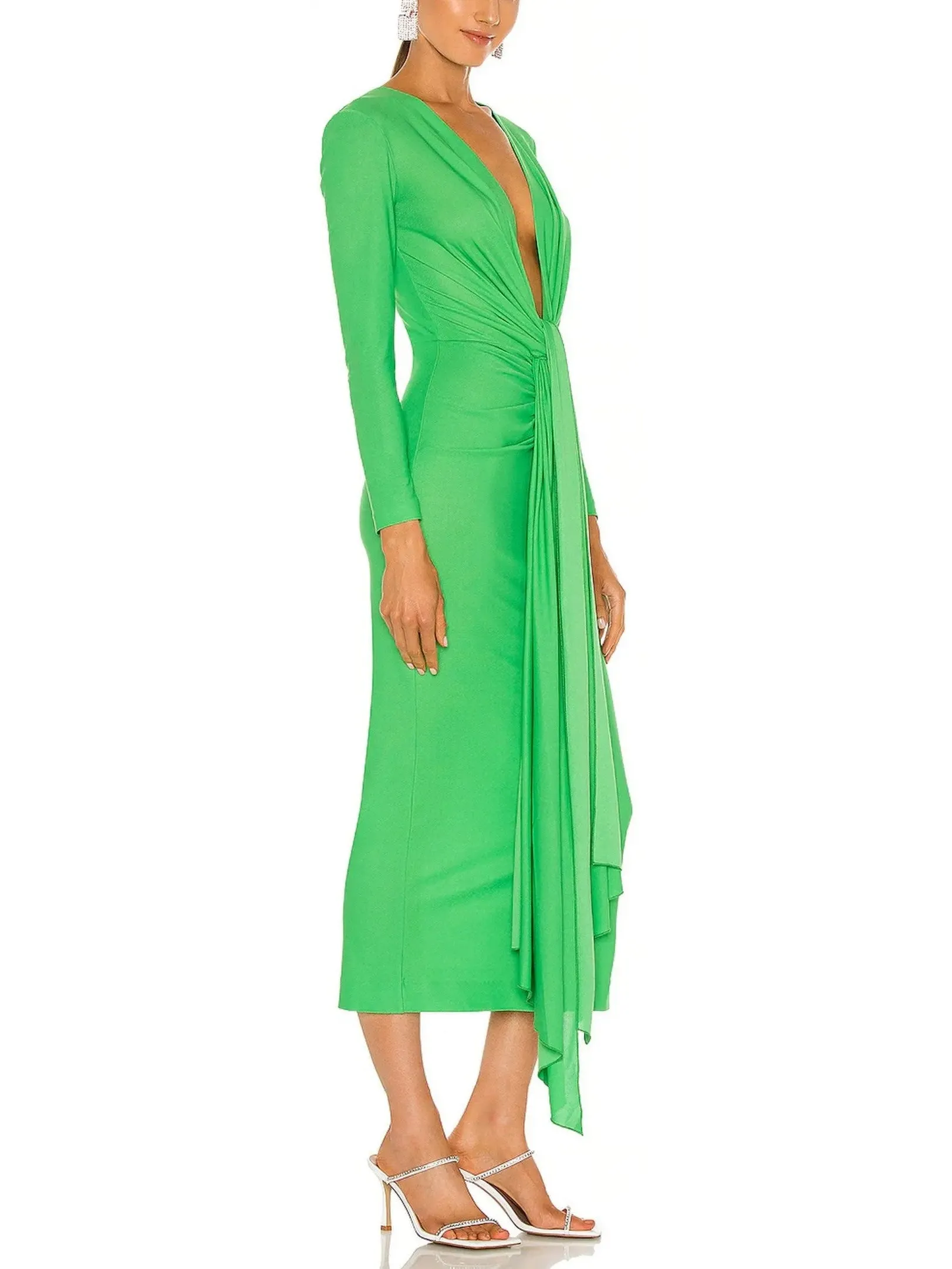 Women’s Bright Green Draped Low-Cut Fitted Midi Dress