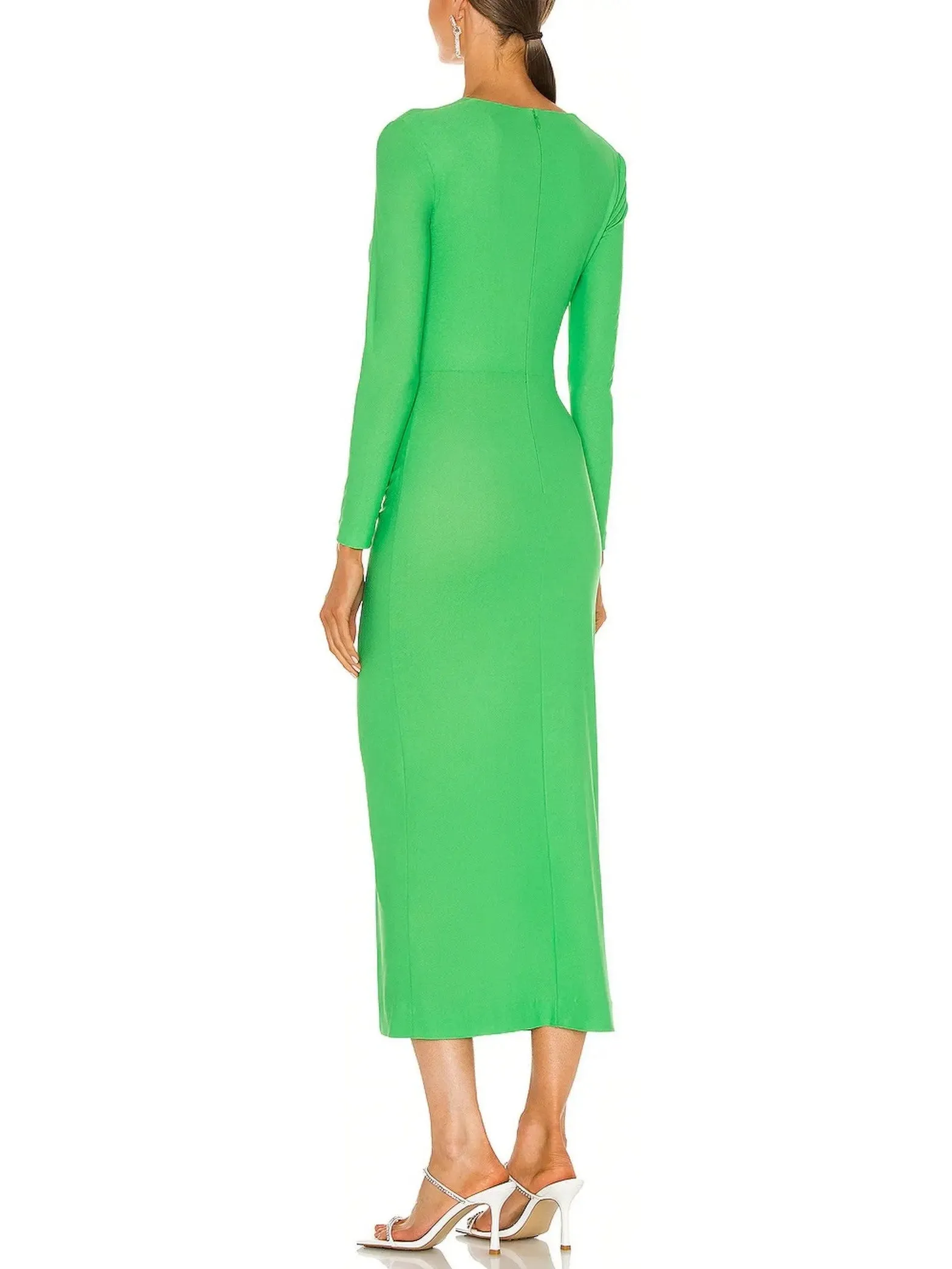 Women’s Bright Green Draped Low-Cut Fitted Midi Dress