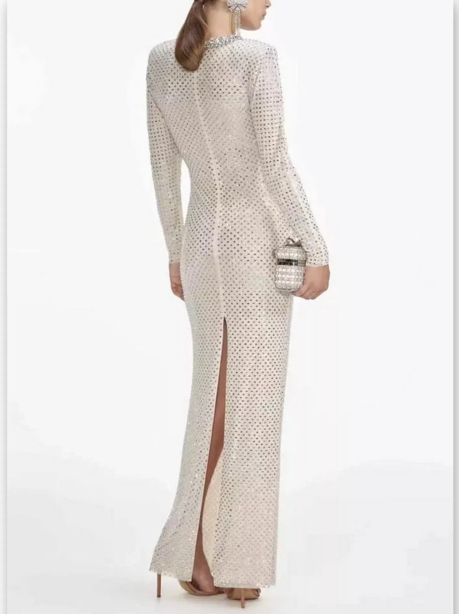 Women’s Embellished Long-Sleeve Maxi Dress with Front Cut-Outs