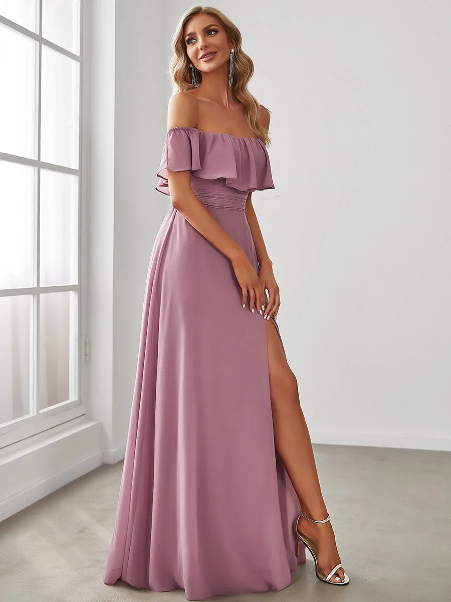 Women's Off Shoulder Ruffle Thigh Split Wholesale Bridesmaid Dresses