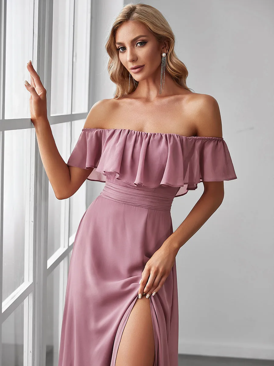 Women's Off Shoulder Ruffle Thigh Split Wholesale Bridesmaid Dresses